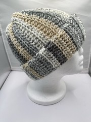 Handmade Crochet Beanie Hat Gray/Tan/White Colors Acrylic Yarn, Adult Size