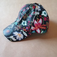 womens Floral Black Faux Leather Adjustable Closure Baseball Hat Cap one size