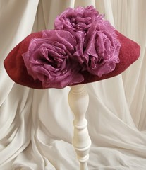 Victorian Trading Co Silk Organza Roses on Red Burgundy Wool Beret Tam Hat