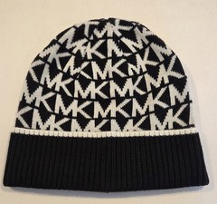 Michael Kors Womens Black & White Printed Knitted Beanie Hat Stretch NWOT