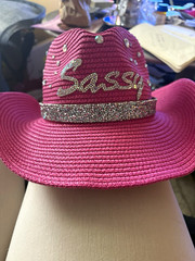 Women’s Pink Straw Cowboy Hat Wide Brim w/ Rhinestone Glitter “Sassy” Text