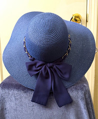 Women’s Blue Wide Brim Straw Sun Hat with Bow, One Size Solid Casual Travel
