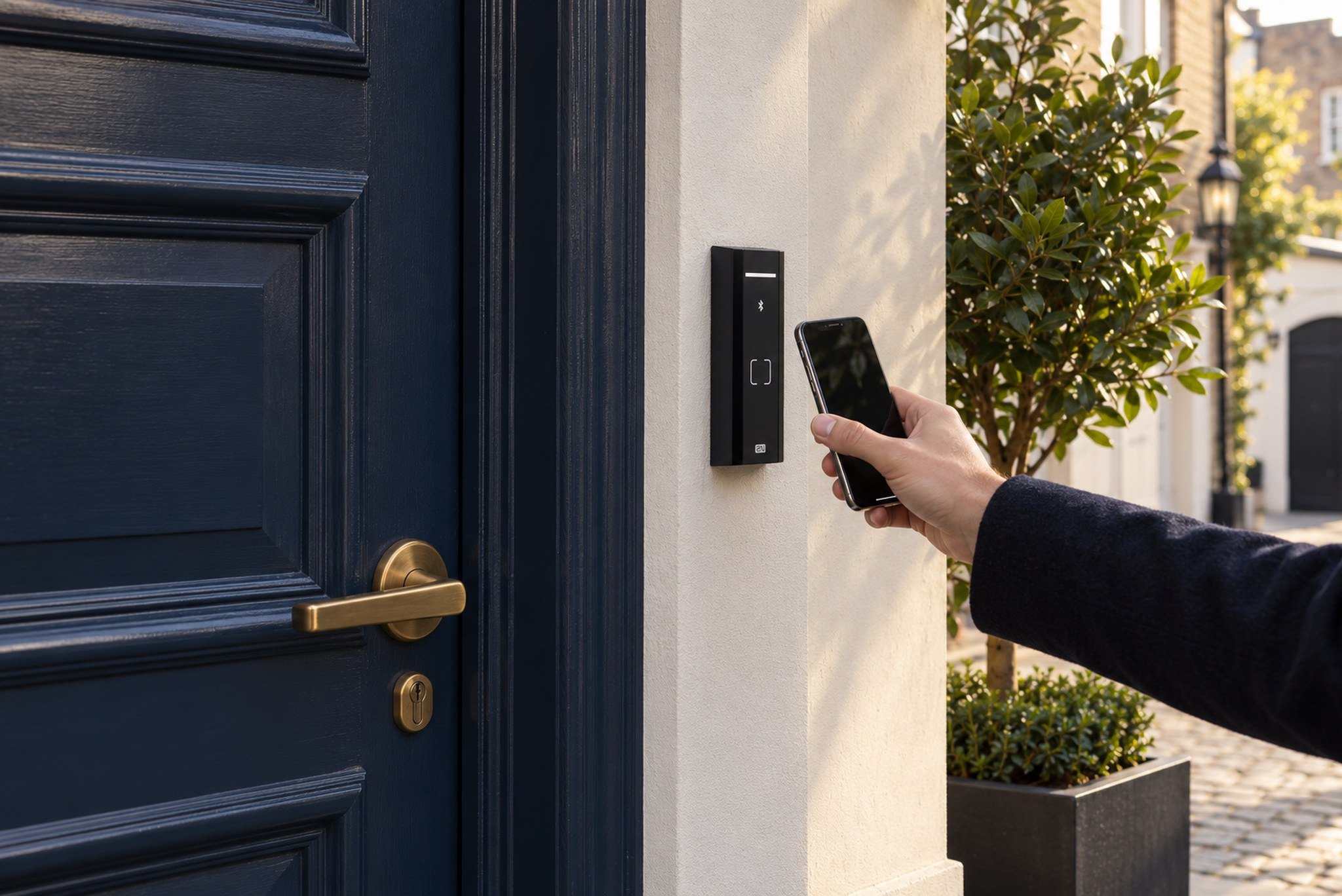 2N Access Unit reader beside a mews house door, unlocked with a phone