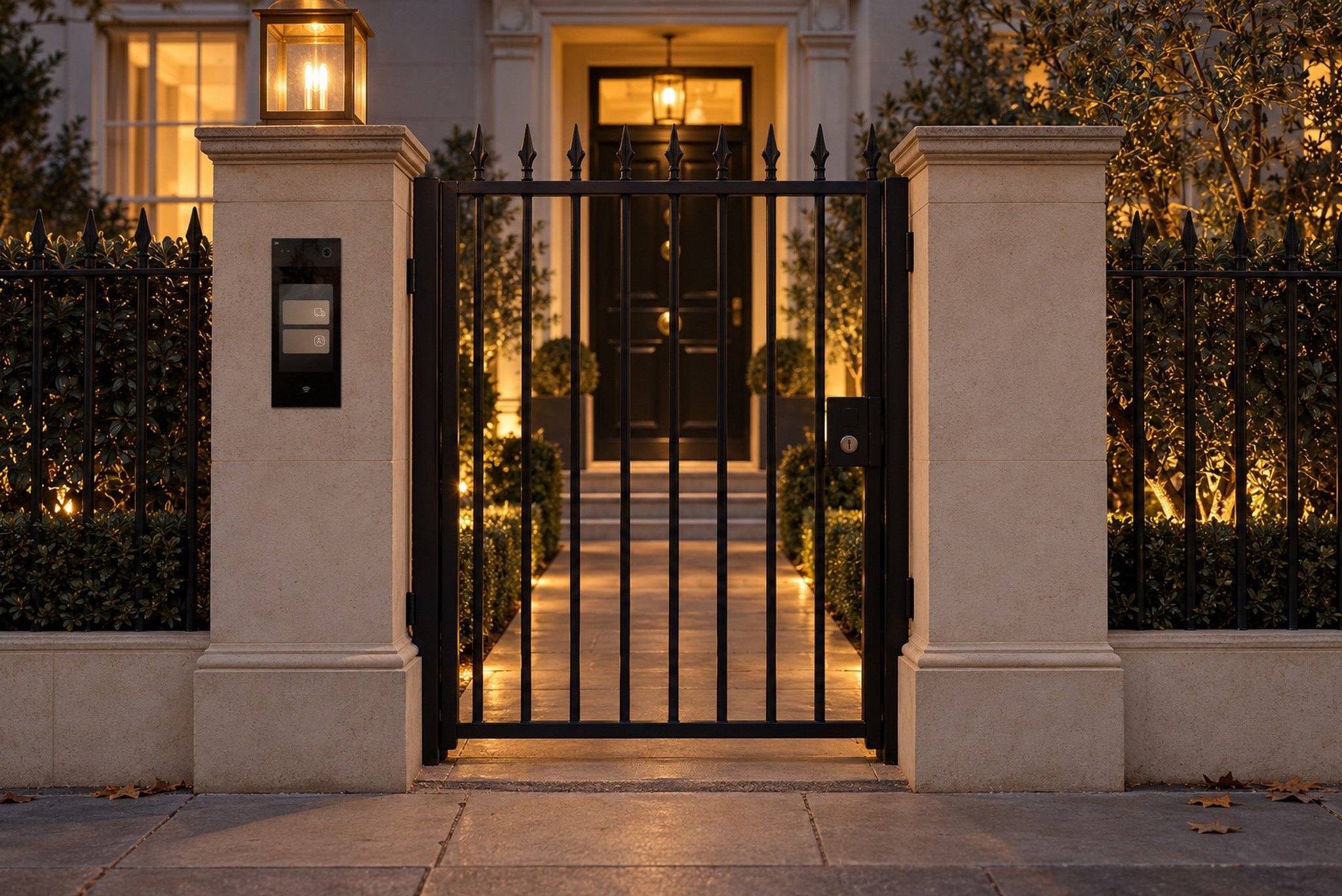 2N IP Style video intercom set into the stone pier of a garden gate at dusk