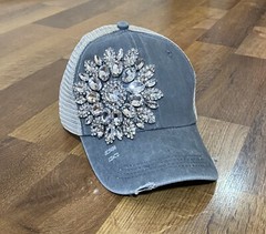Women’s Mid Gray Distressed Wore Rhinestone Baseball Cap With Pony Tail Hole