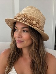 Natural Straw Fedora Hat with Raffia Flower Trim