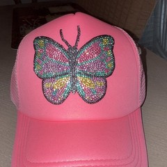 Women’s Pink Trucker Hat Mesh Back Adjustable Rhinestone Butterfly