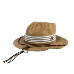 Adrienne Vittadini Womens Tan Straw Sun Hat White Striped Band Chin Strap Logo