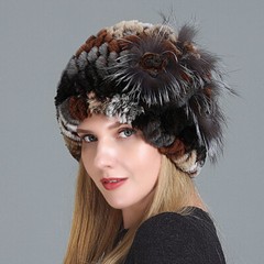 Women Real Rex Rabbit Fur Beanie Cap Winter Warm Hat with Fox Handmade Braided
