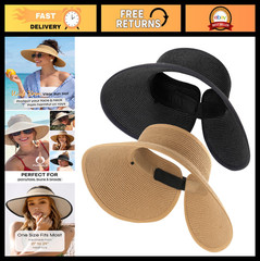 Wide Brim Ponytail Sun Hat for Women – Foldable Straw Visor, UV Protection, Adju