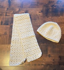 White Ivory Hand Crocheted Beanie Hat & Scarf Set Handmade Cozy Warm Winter Gift