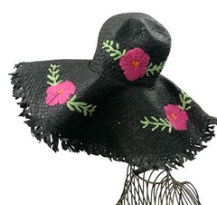 Betsey Johnson Black and Fuchsia Pink Floral Floppy Paper Straw Hat Wide Brim