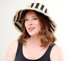 NEW Sprigs Adjustable Wide Brim Stripe with Fringe Hat Black Beige Beach Pool
