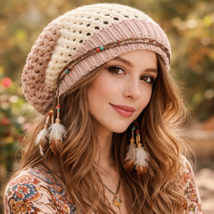 Handmade Crochet Beanie Unisex Slouchy Ombre Cream Rose Boho Cozy Knit Hat Gift