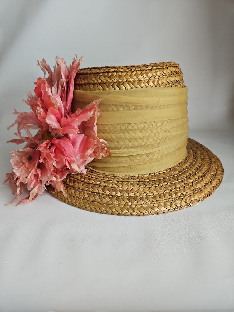 Happy Cappers Tan Solid Straw Silk Flower Top Hat Bucket Hat Cocktail Mod Hat MD