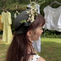 40s garden party tilt hat wavy scallop brim blossom black velvet ribbon bow