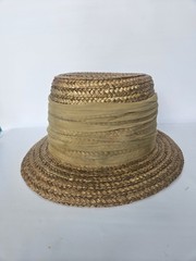 Happy Cappers Tan Solid Straw Silk Flower Top Hat Bucket Hat Cocktail Mod Hat MD