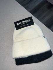 True Religion 2 White & Black Knit Beanie Hats One Size Logo Women’s