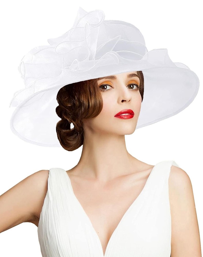 Women’s White Organza Wedding Fascinator Hat Wide Brim Church Bridal Tea Party