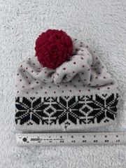 Beanie Toque Adult One Size Gray Red Fair Isle Knit 100% Wool Made USA Ski Pom