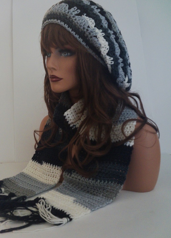 BLACK WHITE MULTI COLOR HAT AND SCARF SET BERET CLOCHE BAGGY SLOUCHY TAM CROCHET