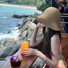 Womens Sun Straw Summer Floppy Beach Hat Wide Brim Lanyard Foldable Rollup NEW~