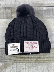 True Religion Beanie Black Faux Fur Pom Knit Logo One Size