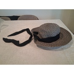 Nine West Women’s Mixed Braid Floppy Straw Sun Hat Black Scarf Tie One Size O/S