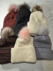 Handmade Knitted Beanie Hat With Faux Fur Pom Pom, Warm, Cozy, Winter