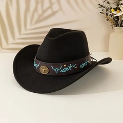 Western Cowboy Hat Bull & Turquoise Band Adjustable Felt Wide Brim, Cowgirl