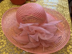 Giovannio NY pink wide-brim dress hat, sheer, striped organza mesh construction