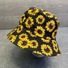 Sunflower Bucket Hat Reversible Black Yellow Floral Sun Protection Beach O/S