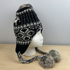 Steve Madden Women’s Winter Pom Beanie Hat Ear Flaps Black Wool Blend Fair Isle
