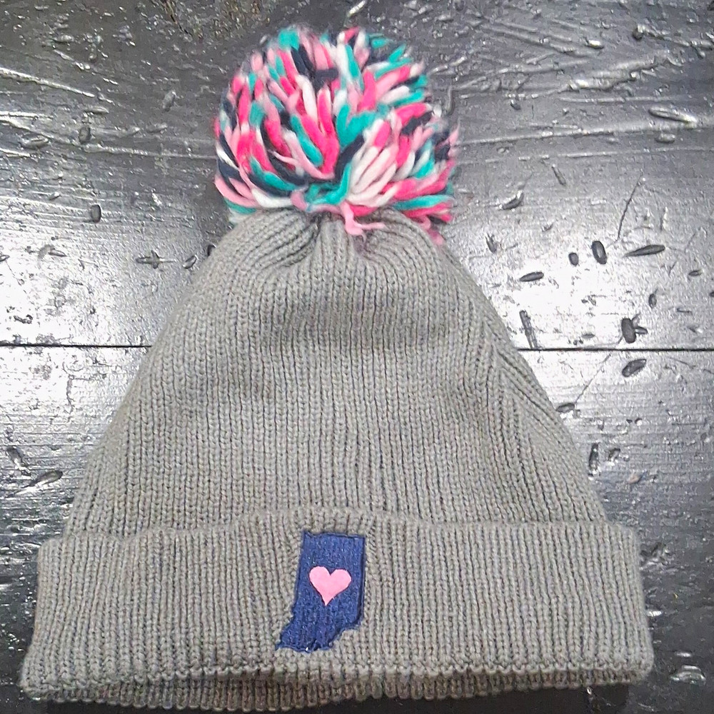 Women’s Gray Knit Pom Pom Beanie Hat Stretch One Size