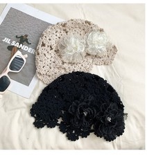 Summer Crochet Knit Lace Flower Beanie Cap Lightweight Hollow Out Hat for Women