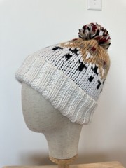 Tahari Fair Isle White Beanie with Ribbed Knit Cuff & Multi Color Pom