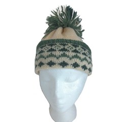 Vtg Fair Isle Knit Beanie Cream Forest Green Nordic Winter Hat Pom Pom Unbranded