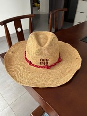 Miu Miu Natural Raffia Cowboy Straw Hat Red Stripe Band For Women with box