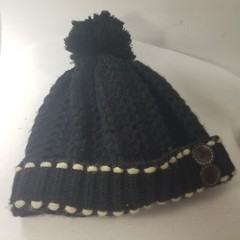 Women Soft Cuff Beanie Hat with Pom Buttons Black Cap Ski Warm