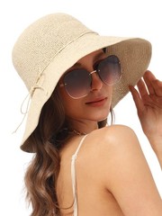 Women’s Straw Sun Bucket Hat Wide Brim Packable UV Protection Travel Summer C…