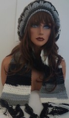 BLACK WHITE MULTI COLOR HAT AND SCARF SET BERET CLOCHE BAGGY SLOUCHY TAM CROCHET