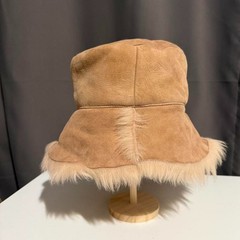 RUFFO vintage tan lamb skin suede leather and wool fur trim shearling bucket hat
