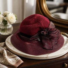 Burgundy Knit Cloche Hat with Organza Floral Accent Adjustable Brim