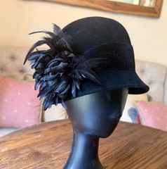 Louise Green Millinery Black Velour Finished Felt Cloche Hat with Feathers