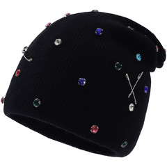 Soft Acrylic Knit Winter Hat with Decorative Rhinestone Pin Loose Fit Design