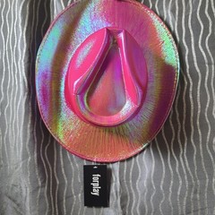 Holographic Pink Western Cowboy Hat Festival Punk Rave Goth Fuchsia Forplay NWT