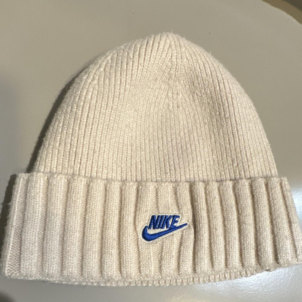 Nike Beige Knit Beanie Hat Logo One Size Acrylic/Wool Solid Women Fall/Winter