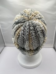 Handmade Crochet Beanie Hat Gray/Tan/White Colors Acrylic Yarn, Adult Size