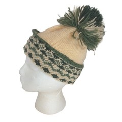 Vtg Fair Isle Knit Beanie Cream Forest Green Nordic Winter Hat Pom Pom Unbranded