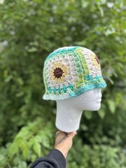 Handmade Crochet Sunflower Bucket Hat Adult Size One Size Multicolor Cotton